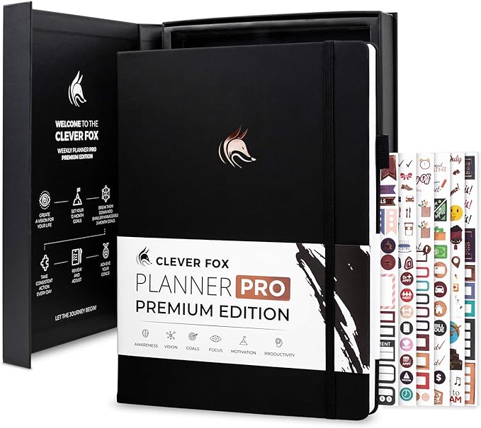 Clever Fox Planner Pro Premium – Luxurious Weekly & Monthly Planner with Budget Organizer for Productivity & Goals, Undated, A4 (Black)