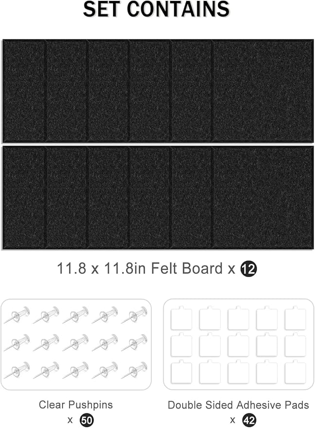 Hsurbtra Large Cork Board for Wall 47 x 36 Inch, 12 Pack Felt Bulletin Notice Board with Pushpins for Office Home School Farmhouse Wall Decor, Black