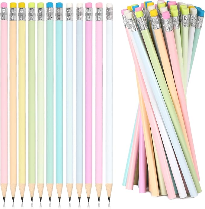 Whaline 48Pcs Colorful Pencils with Erasers Christmas Rainbow Color Wooden Pencil Unsharpened Writing Drawing Pencil for Xmas Party Supplies Stocking Stuffer Students Graduation Office Stationery Gift