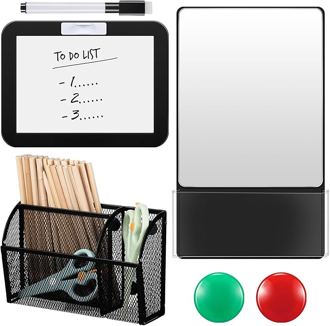 Fuyoooo Magnetic Locker Accessories Back to School Essentials Include Magnetic Mirror with Holder Magnet Mesh Pen Holder Small Whiteboard and Magnet for Office School Locker Organizer(Classic,Black)