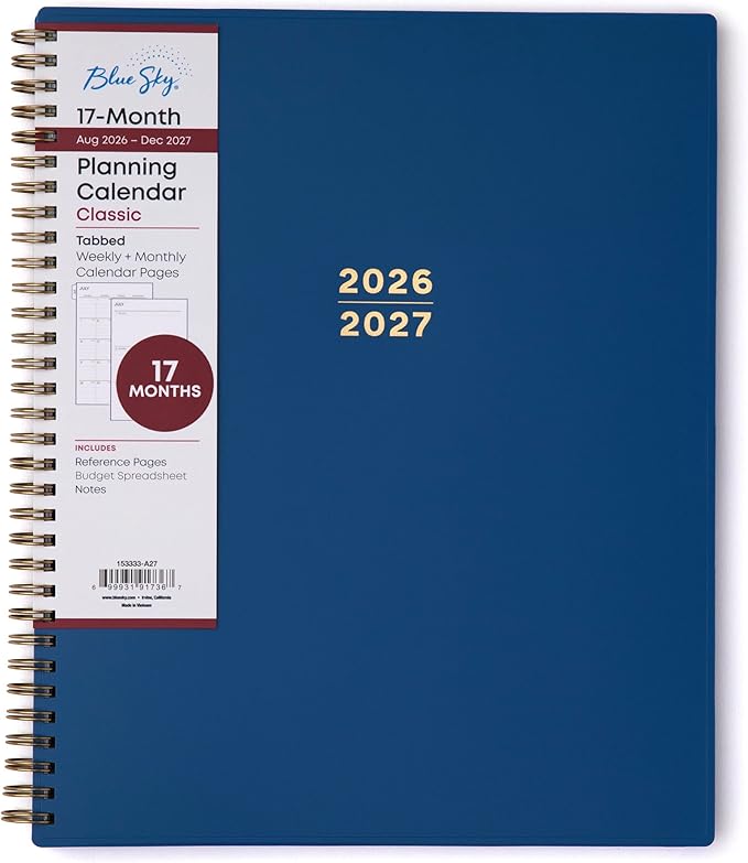 Blue Sky 17 Month 2026-2027 Weekly and Monthly Academic Year Planner Calendar, August 2026 - December 2027, 8.5" x 11", Flexible Cover, Wirebound, Laminated Tabs, Azure