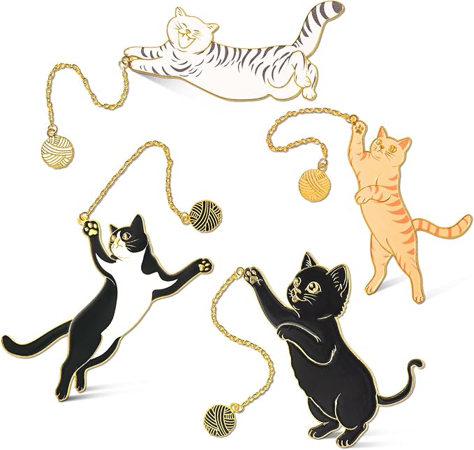 4 Pcs Cat Bookmark Set for Women, Cute Metal Bookmarks with Gold Chain and Round Charm, Book Marks for Reading Women, Book Marker, Bookmarks for Book Lovers