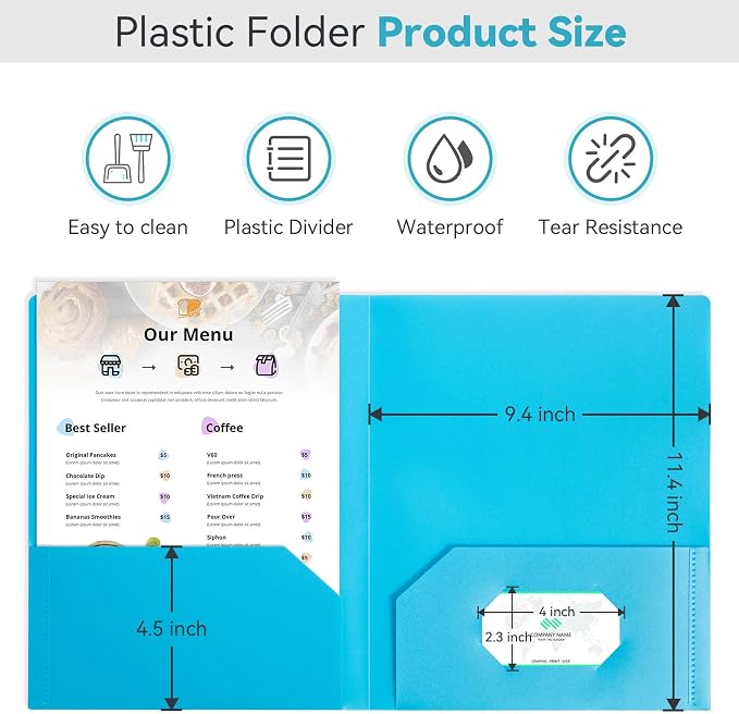 Plastic Pocket Folders with Pockets, Heavy-Duty 6-Color Two-Pocket Folder for Letter Size Documents, Business Card Slot, for Office, School, Organizing Files