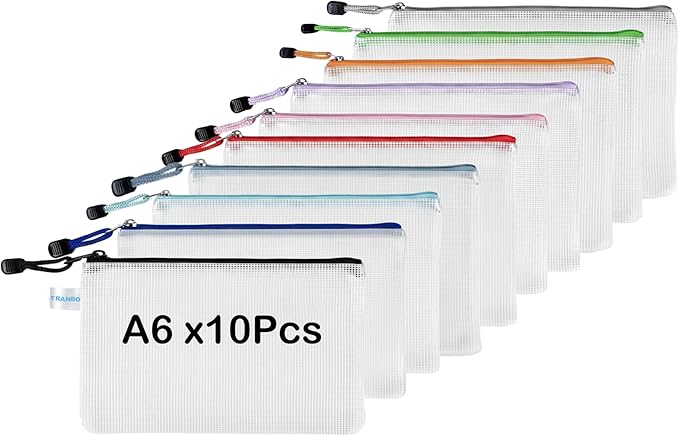 10 Pack Small A6 Size Mesh Zipper Pouches, Semi‑Clear Plastic Organizer Bags for Travel, School Supplies, Office and Home Organization – 7.5×4.5 Inch