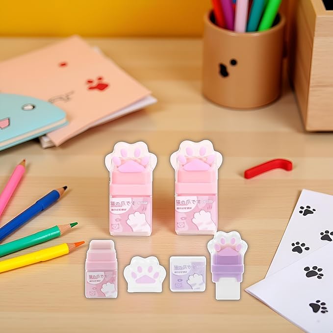 2Pcs Cat Paw Roller Eraser, Cute Cat Rubber, Multicolour Erasers for Kids, Colorful Roller Eraser, Kids with Shaving Roller Case for School Office Supply Stationery Erasers Office Supplies