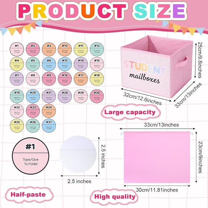 Kosiz 61 Pcs Pastel Classroom Mailbox Set Back to School Student Mailbox and Date Storage Set with Collapsible File Box 30 Hanging Files Folders 30 Index Tabs for School Classroom Teacher Must Haves