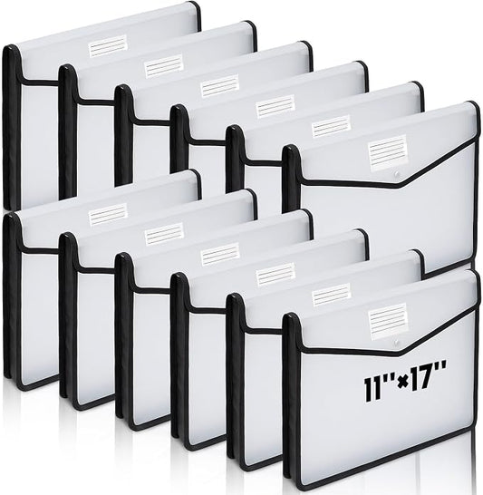 AmazingSpark 12 Pcs 11 x 17 Inch Expandable Tabloid Size Document Folder Organizers with Snap Closure & Label, Clear Plastic Expanding File Folder for A3 Ledger Size Plots Charts (Black)