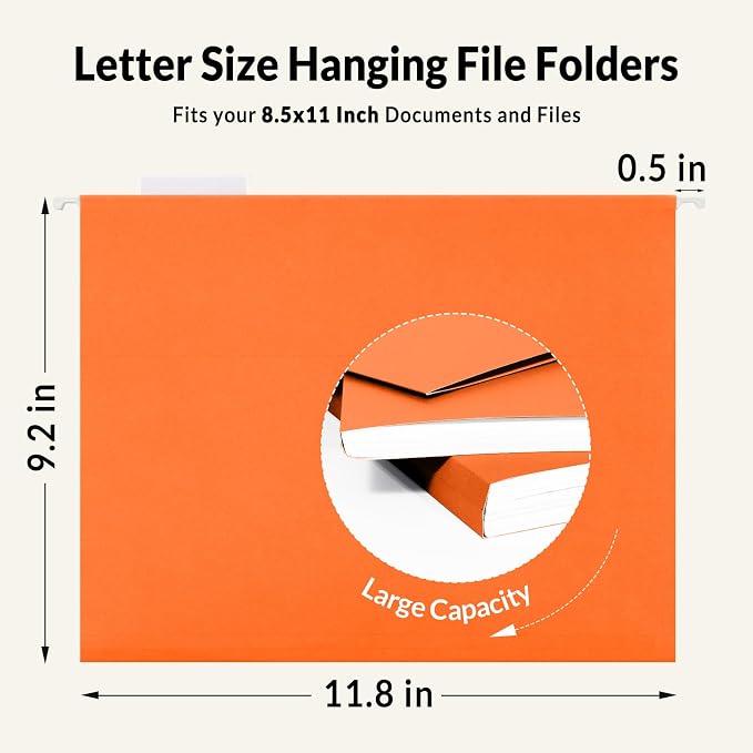 SUNEE Hanging File Folders, 25 Pack Letter Size Hanging File Folders with 1/5-Cut Tabs, Ideal for Home and Office Organization and Papers Classification,Orange