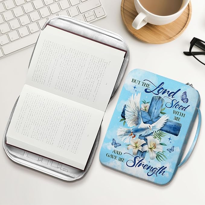 Bible Cover for Women with Handle, Canvas Scripture Case with Zipper Pocket, Inspirational and Butterfly Design, Christian Gift for Ladies, Church Bible Study Bag