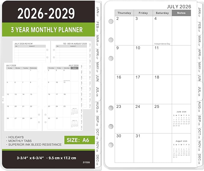2026-2029 Monthly Planner Refill - A6 Size, Planner Inserts with 6-Hole Punched, July 2026 - June 2029, Two Pages Per Month, 2026-2029 Monthly Calendar with Tabs