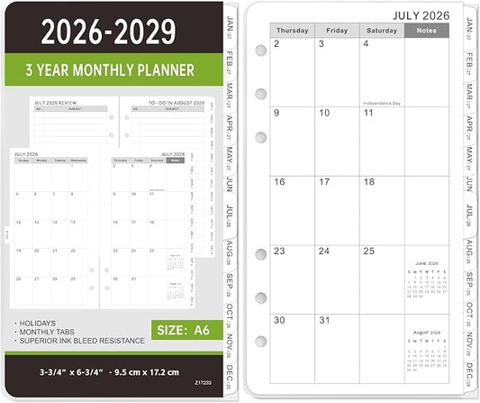 2026-2029 Monthly Planner Refill - A6 Size, Planner Inserts with 6-Hole Punched, July 2026 - June 2029, Two Pages Per Month, 2026-2029 Monthly Calendar with Tabs