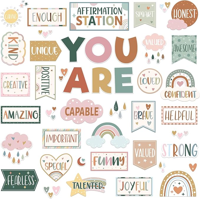 45pcs Boho Affirmation Station Bulletin Board Set Motivational Posters Classroom Mirror Growth Mindset Decor Positive Affirmations Accents Cutouts for School Office Home Teacher Wall Supply