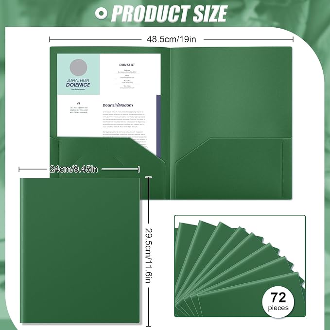 Gueevin 72 Pack Plastic Folder with Pockets, 2 Pocket Folders, Plastic Glossy Folders Fit Letter Size Paper, Heavy Duty Durable File Folder with Business Card for Home Office School (Dark Green)