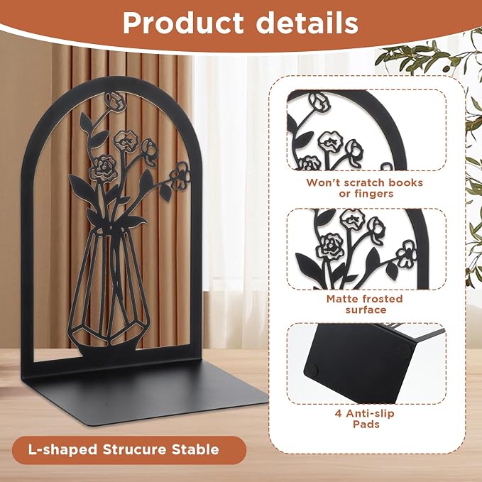 3 Pair Decorative Book Ends for Shelves, Metal Bookends, Heavy Duty Non-Slip Book Stopper for Heavy Books, Shelf Holder Supports for Home Office
