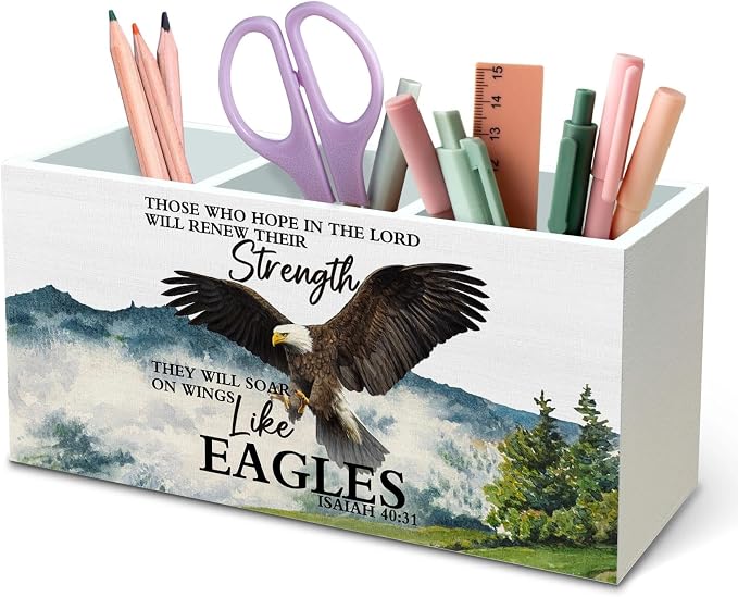 DILSJ Christian Inspirational Eagle Pen Pencil Holder Organizer for Desk, Inspirational Gifts for Women, Bible Verse Eagle Wooden Box Signs for Home Office Desk Tabletop Decoration