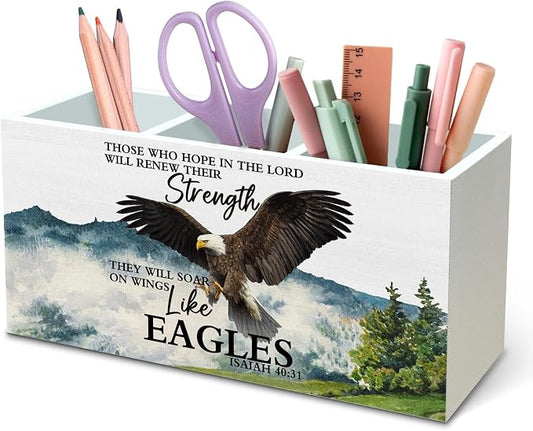 DILSJ Christian Inspirational Eagle Pen Pencil Holder Organizer for Desk, Inspirational Gifts for Women, Bible Verse Eagle Wooden Box Signs for Home Office Desk Tabletop Decoration
