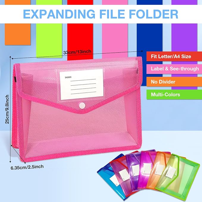 6Pcs Plastic Expanding File Folder, Transparent envelopes with Snap Closure, No Dividers, Large Capacity, Colorful File Folder Organizer, Accordion File Organizer, Fit Letter/A4 Size for Office/Home