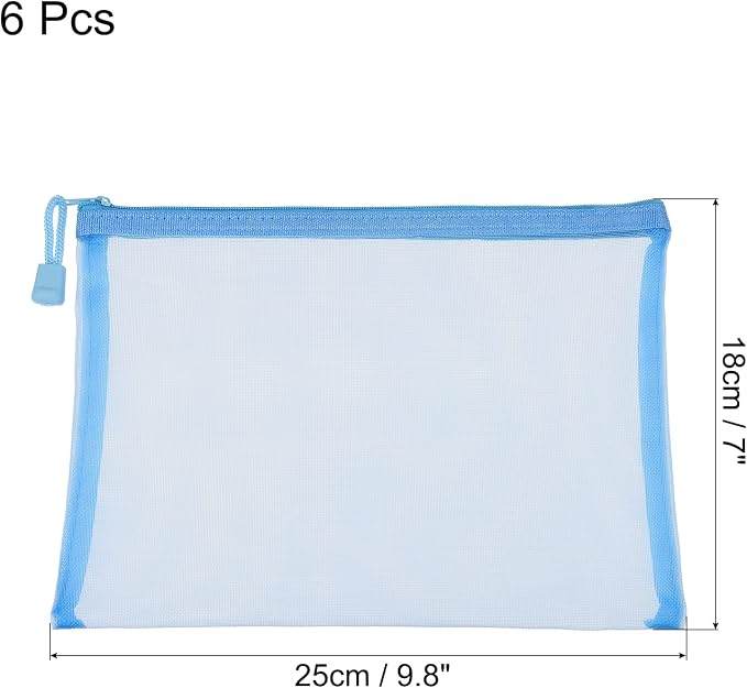 MECCANIXITY Mesh Zipper Bags, A5 Nylon Zip Pouch Pencil Case Storage Pockets for Travel Office Accessories, Sky Blue Pack of 6