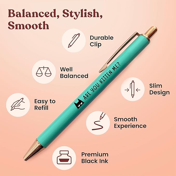 MESMOS 3pk Cute Cat Pens, Sassy and Funny Cat Lover Gifts for Women, Aesthetic Ballpoint Pens Beautifully Packaged, German-made Ink and Swiss-made Ink