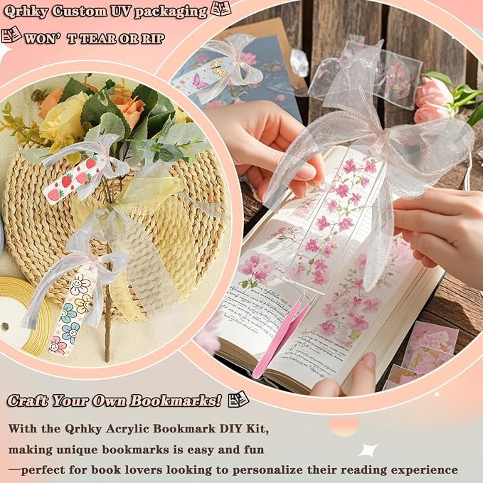 Qrhky 86PCS Acrylic Bookmark Blanks Kit, 20PCS Blank Bookmarks with 25PCS Book Lover UV DTF Sticker, 20PCS Ribbon, 20 Holographic Bags, 1PCS Tweezers, Clear Bookmark Kit for DIY and Gifts