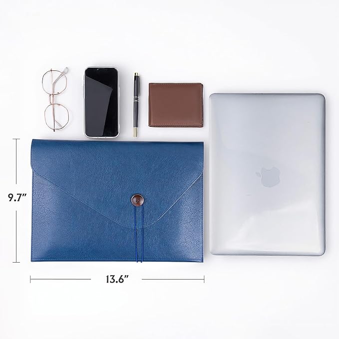 Men PU Leather File Folder for Documents, Coworker Office Gifts Organizer File Document Folder with String Tie, Laptop Sleeve Notebook Case, A4 Envelopes Leather Filing Organizer for Men Women - Blue