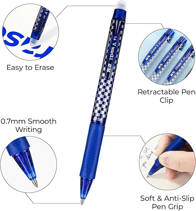 M&G Erasable Pens, 6 Pcs Blue and Black Ink Medium Point 0.7mm Black Ink Eraserable Gel Pens for School, Journaling, & Office Writing Crossword Puzzles