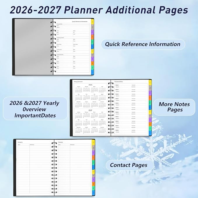 Daily Planner 2026-2027, 18-Month Weekly and Monthly Calendar Planner, January 2026 - June 2027, Planning Agenda Book with Laminated Tabs, Flexible Cover, 100GSM Thick Paper, A5 Size,Black
