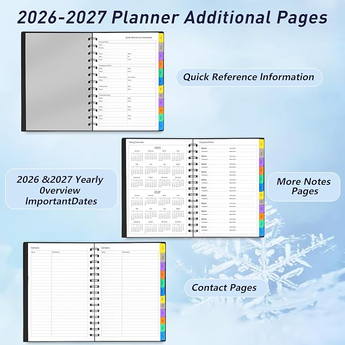 Daily Planner 2026-2027, 18-Month Weekly and Monthly Calendar Planner, Jan 2026 - Jun 2027, 5.7" x 8.3", Flexible Cover, Wirebound, Laminated Tabs, Black