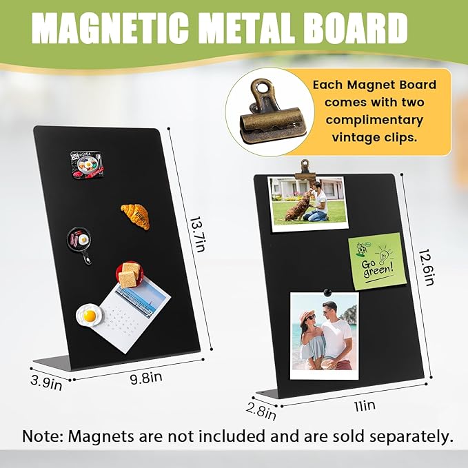 Magnetic Display Board - Desktop Metal Memo Board for Notes & Photos, 11x9.8 Inch Small Black Magnetic Bulletin Board, Includes Clips for Office, Room Decor (11 * 12.6inch, Count, 3)