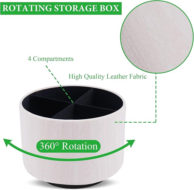 Round Leather Art Supply Organizer,Remote Control Holder,360 Degree Spinning,Multi-Functional Pencil Holder,4 Compartments Desktop Stationary Organizer(1-Thin Wood White)