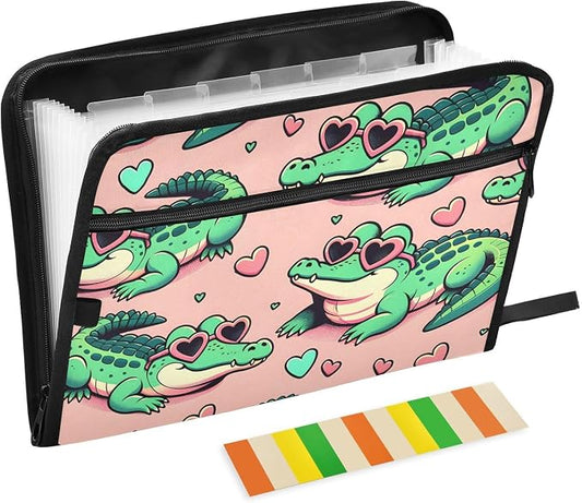 Expanding File Folder Alligator Crocodiles Pink Accordion File Organizer 13 Pockets Document Organizer with Zipper Labels A4 Letter Office Storage