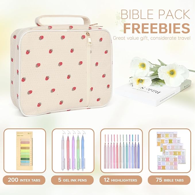Bible Cover Case for Women Corduroy Bible Case for Girls Large Bible Cover with Handle Bible Study Supplies Accessories Christian Gifts for Women (red Strawberry, Medium)