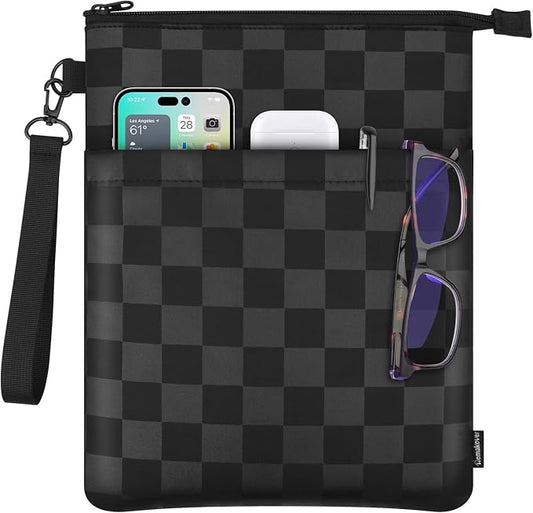 Book Sleeves with Zipper, Travel Book Protector Pouch for Paperbacks & Hardcover Books, Book Covers Bags Carry Case/Front Pocket & Handle Strap for Book Lovers Mother's Day (Black with Block, 1 Pc)