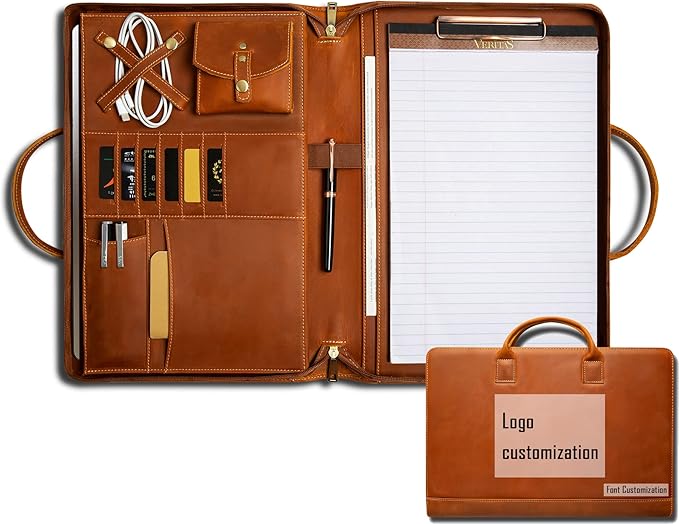 Genuine Leather Portfolio, Padfolio Organizer with Handle, Personalized Padfolio，Padfolio with Zipper for Men Women，Suitable for 15-inch Laptop Legal Pad Padfolio, Brown