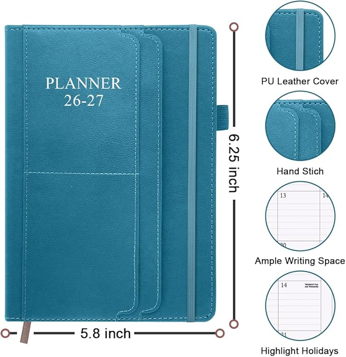 2026-2027 Planner - Weekly & Monthly Planner Runs from July 2026 to Dec 2027, 5.8" x 8.25", 18 Month Planners, 14 Notes Pages, Inner Pocket, PU Leather Hard Cover, Teal Monthly Planners 2026-2027