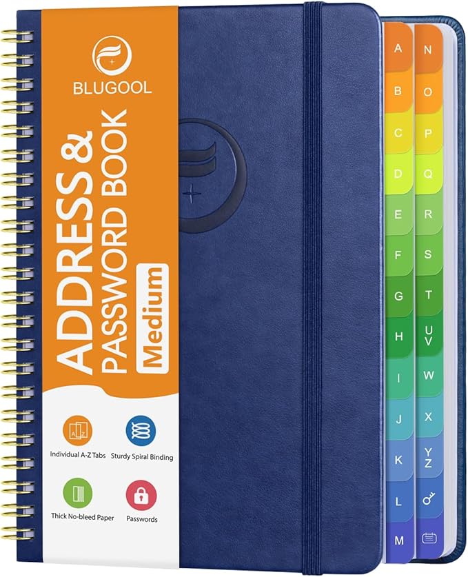Address Book with Alphabetical Tabs-Address and Password Book for Seniors - Hardcover Spiral Bound Phone Book- Record Contacts, Website Login Passwords, Special Days -5.7" x 7.7", Navy Blue