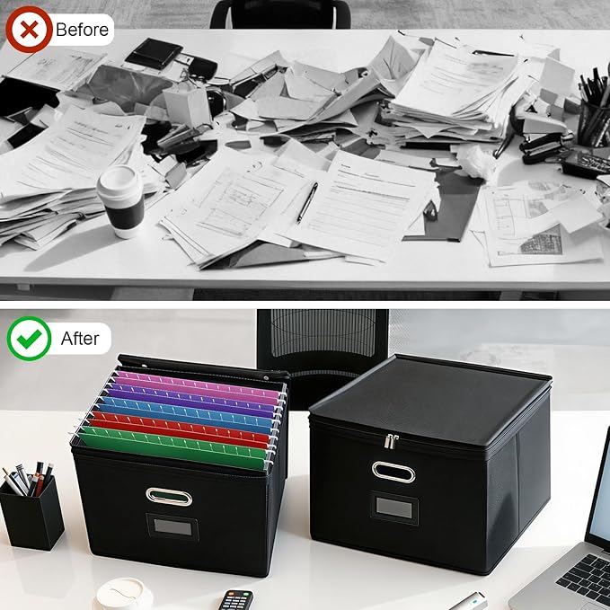 4 Pack File Organizer Boxes with Lids, Collapsible Document Storage Bin with Mesh Pockets & Zipper, Fits Letter/Legal Size Folders for Home Office Moving Classroom Organization (Black, No Folders)