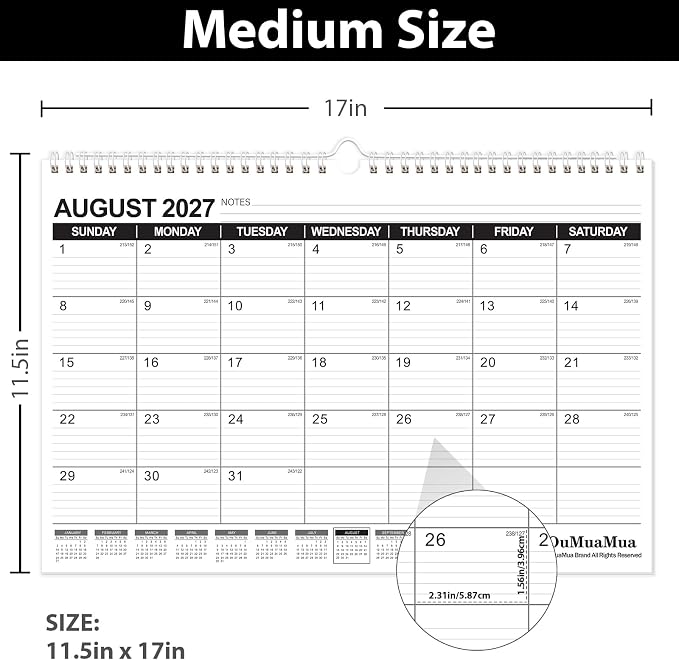 OuMuaMua Wall Calendar 2026-2027, 19 Months Academic Calendar 17" × 11.5" Hanging Planner from Jun. 2026 to Dec. 2027 with Julian Date, Ruled Blocks for Office Home Planning & Organizing