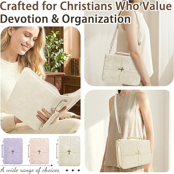 Classic Leather Bible Cover Case with Cross Design and Handle & Shoulder Strap for Women, Durable Bible Study Supplies Organizer Carrying Bag, Christmas Gifts for Christians with Gift Box（Beige