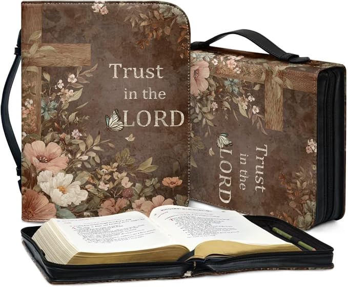 Vintage Style Brown Floral and Cross Bible Case with Bookmark Waterproof Bible Cover Case for Women Lightweight Bible Bag with Handle Pockets Church Book Bag