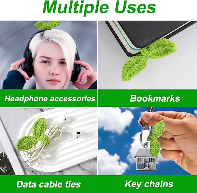 2pcs Knitted Crochet Leaf Sprout, Handmade Crochet Plant Bookmark Green Sprout Crochet Ornament Knitted Bookmark Decorative Leaf Embellishment for Cable Tie, Headphone Accessory