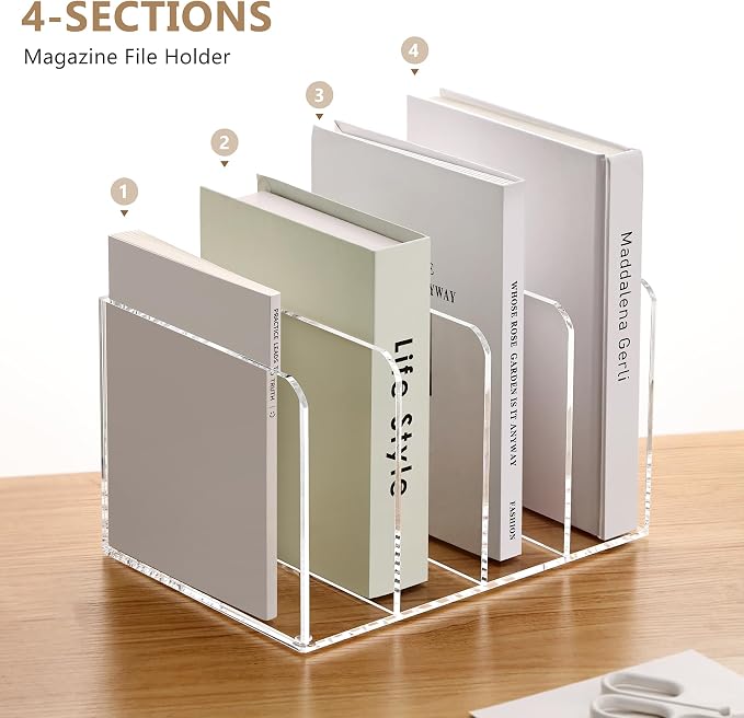 SANRUI Acrylic Desk Magazine File Holder, Clear Desk Organizer with 4 Vertical Compartments, Workspace Document Sorter for Documents, Tablet, Magazines, Books & Accessories
