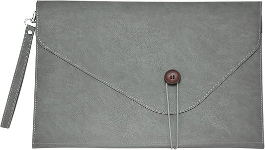 PATIKIL Leather Folder, 14x10 Leather Document Holder File Folder PU Pouch Bag Portfolio File Organizer Handbag Button Personal Envelope Waterproof for Traveling Men Gift, Gray