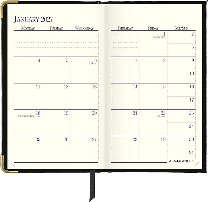 AT-A-GLANCE 2027 Planner, Weekly & Monthly, 3" x 5", Pocket Size Fine Diary, Faux Leather Hardcover, Black (7011110527)