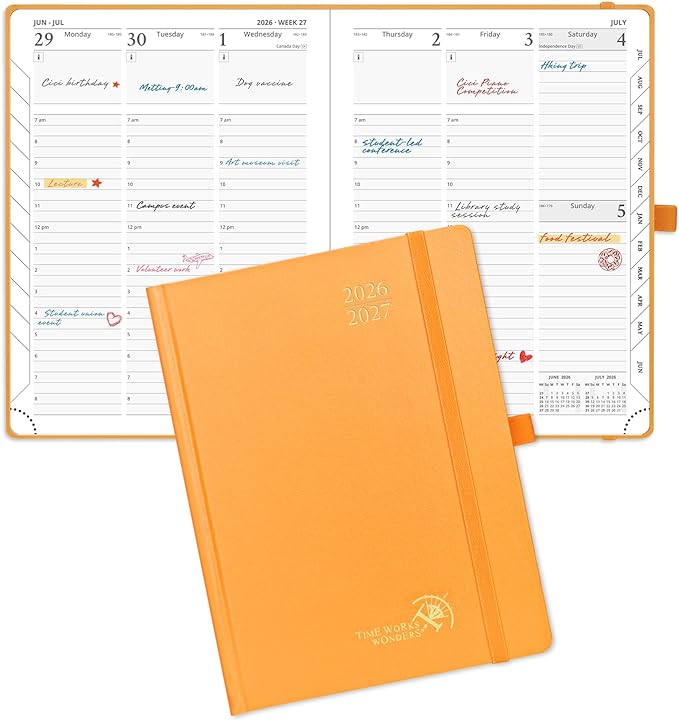 POPRUN 2026-2027 Academic Planner, 6.5" x 8.75", Weekly and Monthly Calendar, July 2026 to June 2027, Hardcover Appointment Book with Verital Layout, Hourly Time Slots, Monthly Tabs - Orange