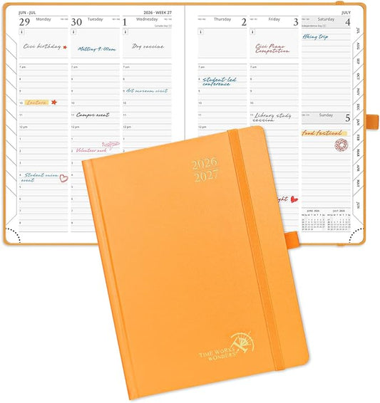 POPRUN 2026-2027 Academic Planner, 6.5" x 8.75", Weekly and Monthly Calendar, July 2026 to June 2027, Hardcover Appointment Book with Verital Layout, Hourly Time Slots, Monthly Tabs - Orange