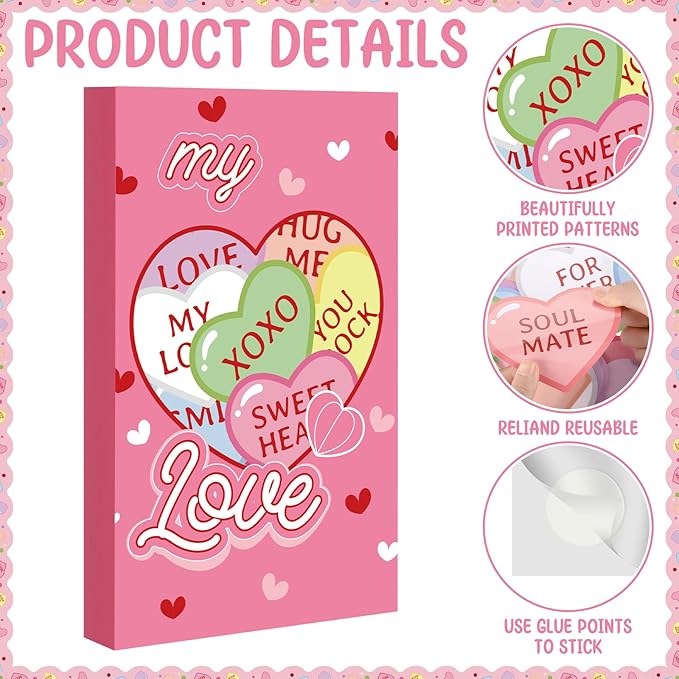 Gueevin 100 Pcs Valentine's Day Bulletin Board Set 3D Sweetheart Box with Conversation Heart Stickers Decorations Our Class Full of Sweethearts Cutouts for Valentine's Office School Classroom Decor