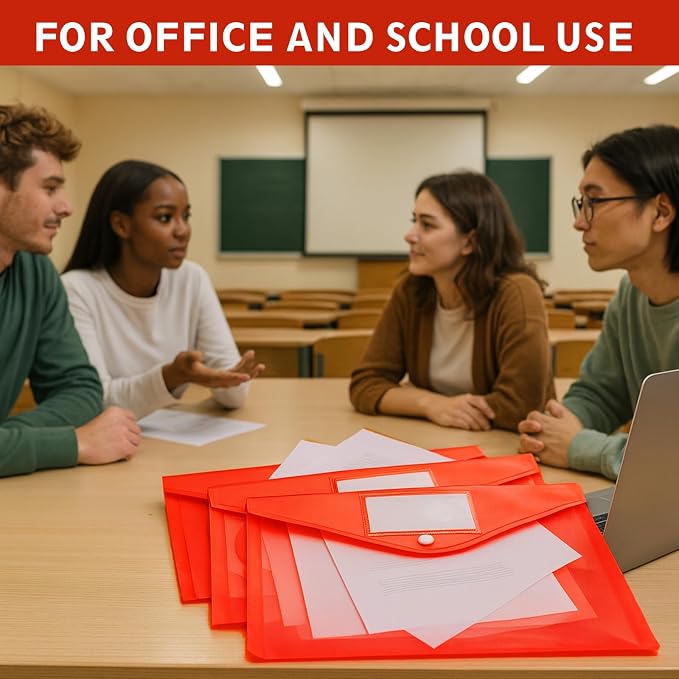 30 Pcs A4 Plastic Envelopes with Snap Closure, Red Plastic Envelopes A4 Size Poly File Folders, Plastic File Organizer with Label Pocket & Snap Button for School Home Organization (12.8 x 9.3 Inches)
