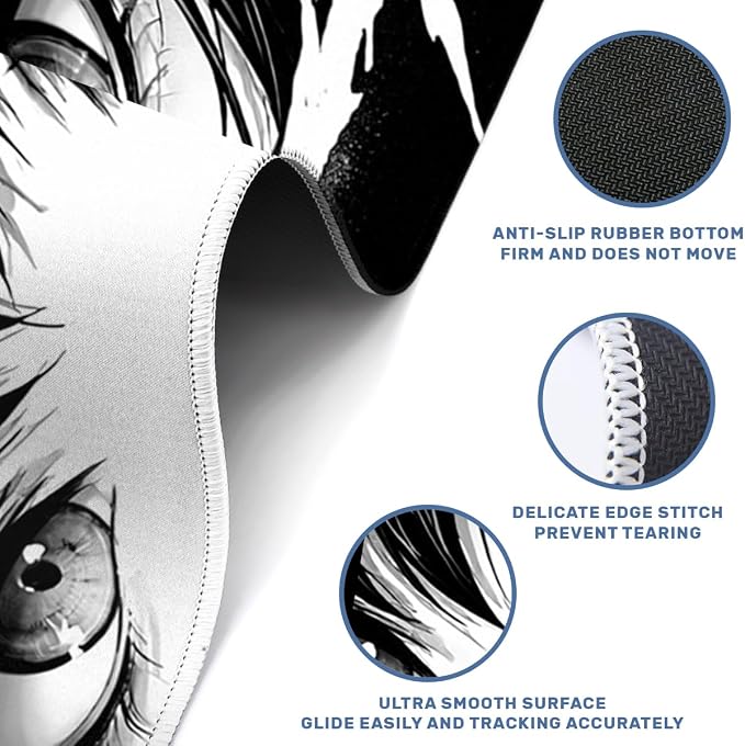 Anime Desk Mat 35.4 x 15.7 Inches Black and White Anime Eye Gaming Mouse Pad Non-Slip Rubber Base Waterproof with Stitched Edges for Gaming Office Home