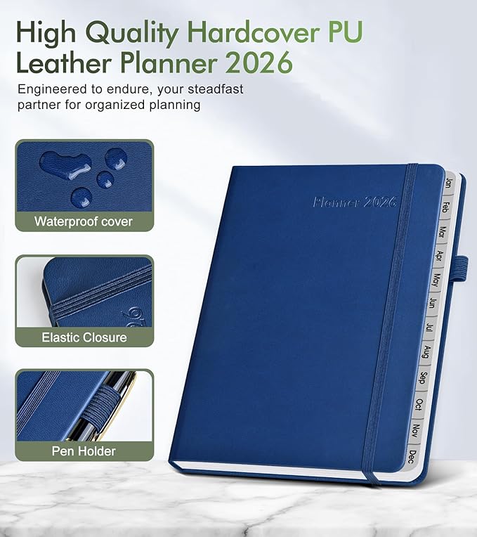 2026 Weekly & Monthly Planner, 12 Months Hardcover Planner from January 2026 - December 2026, Leather Agenda Organizer Book 2026 with Tabs, Daily Calendar Planners for Work School Home, A5 (5.75" x 8.38"), Navy